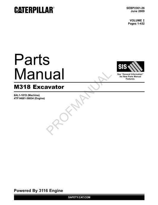 Caterpillar Cat M318 Excavator Parts Catalog Manual ser 4TF14681-36834 8AL1-1019