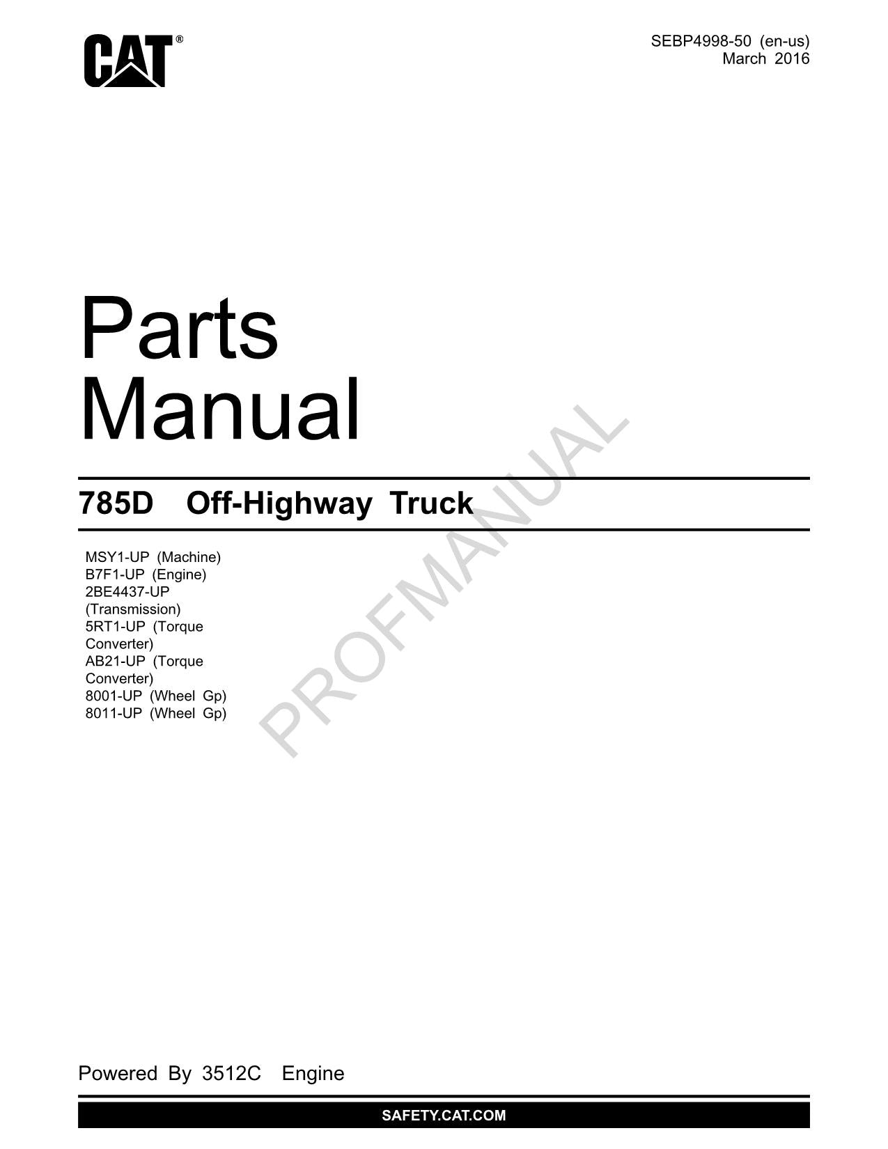 Manuel du catalogue des pièces détachées pour camions tout-terrain Caterpillar Cat 785D