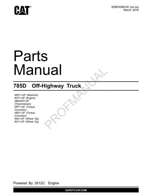 Manuel du catalogue des pièces détachées pour camions tout-terrain Caterpillar Cat 785D