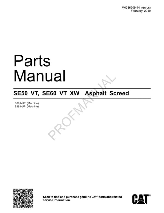 Caterpillar Cat SE50 VT SE60 VT XW Asphalt Screed Parts Catalog Manual