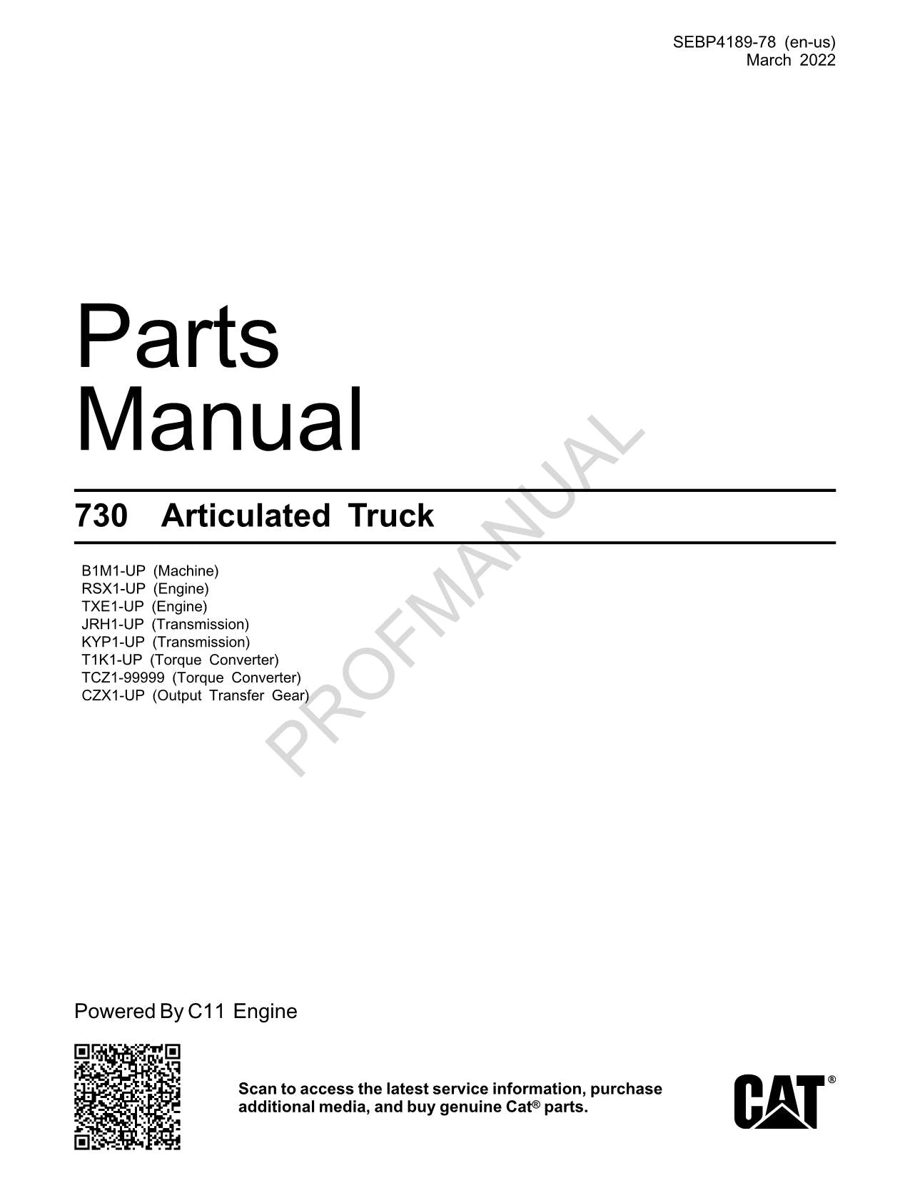 Caterpillar Cat Series 730 Articulated Truck Parts Catalog Manual