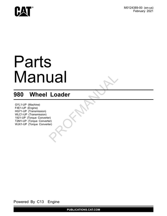 Caterpillar Cat 980 Wheel Loader Parts Catalog Manual M0124389