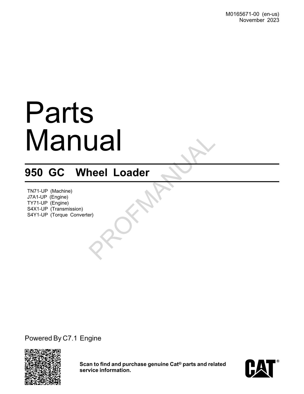 Caterpillar Cat 950 GC Wheel Loader Parts Catalog Manual M0165671