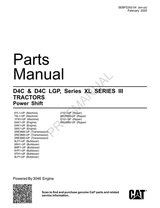 Catalogue de pièces détachées pour tracteur Caterpillar Cat D4C D4C LGP série XL série III Manuel