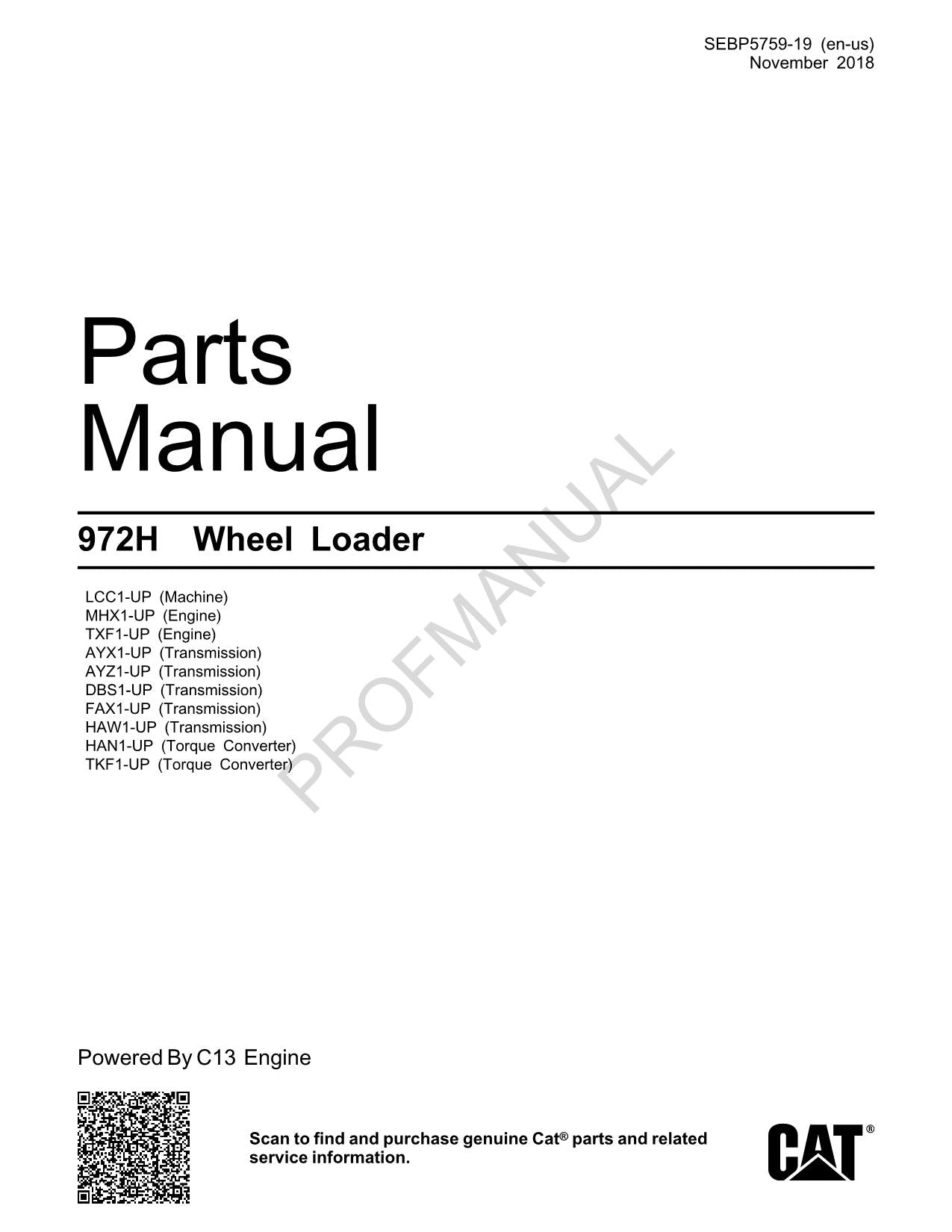 Caterpillar Cat 972H Wheel Loader Parts Catalog Manual SEBP5759