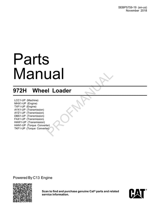 Caterpillar Cat 972H Wheel Loader Parts Catalog Manual SEBP5759