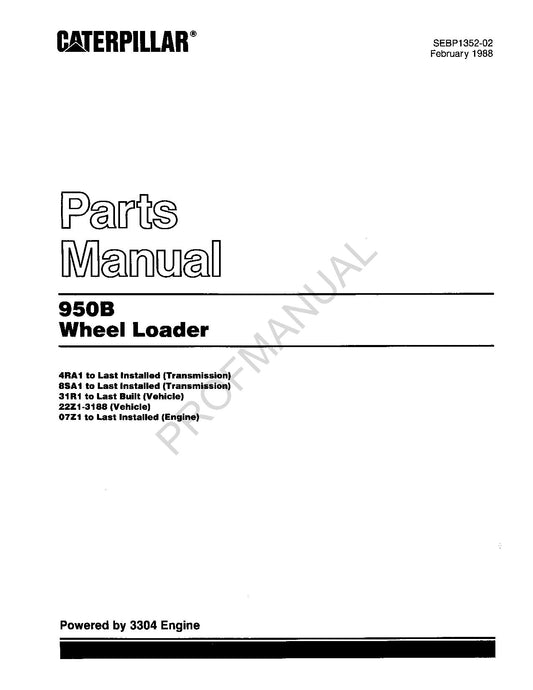 Caterpillar Cat 950B Wheel Loader Parts Catalog Manual SEBP1352