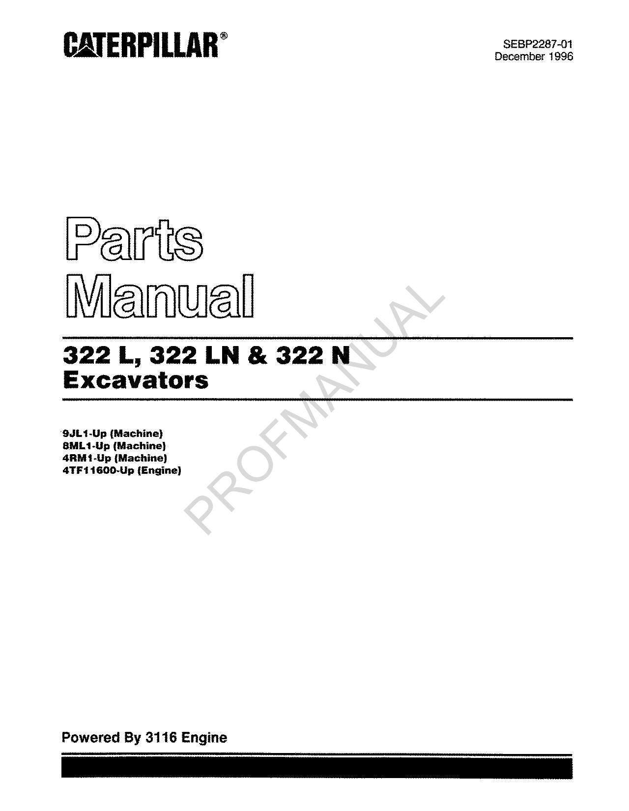 Caterpillar Cat 322 L 322 N 322 LN Excavator Parts Catalog Manual