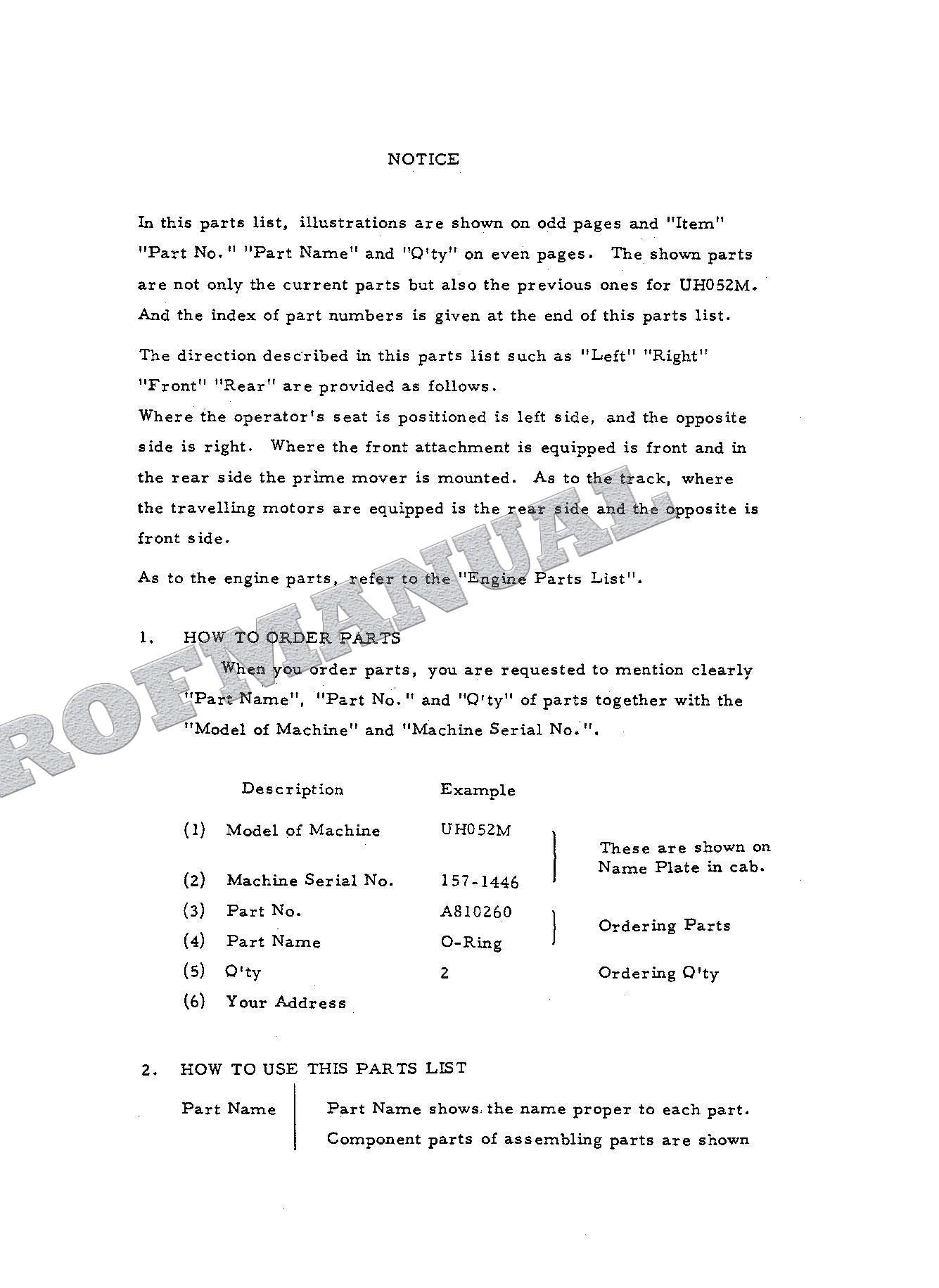 HITACHI UH052M Excavator Parts Catalog Manual