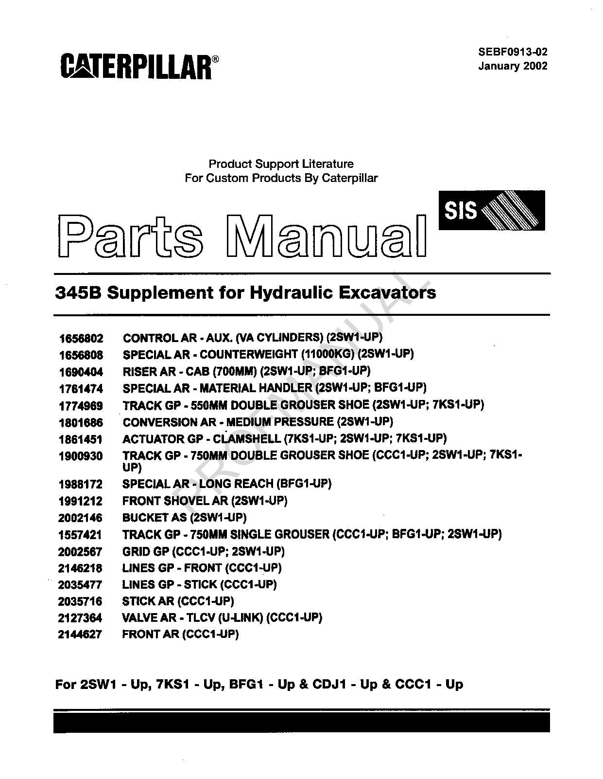 Manuel du catalogue de pièces personnalisées pour excavatrice Caterpillar Cat 345B SEBF0913