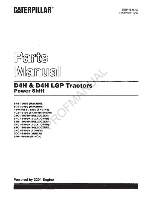 Catalogue de pièces détachées pour tracteur Caterpillar Cat D4H D4H LGP Power Shift SEBP1538