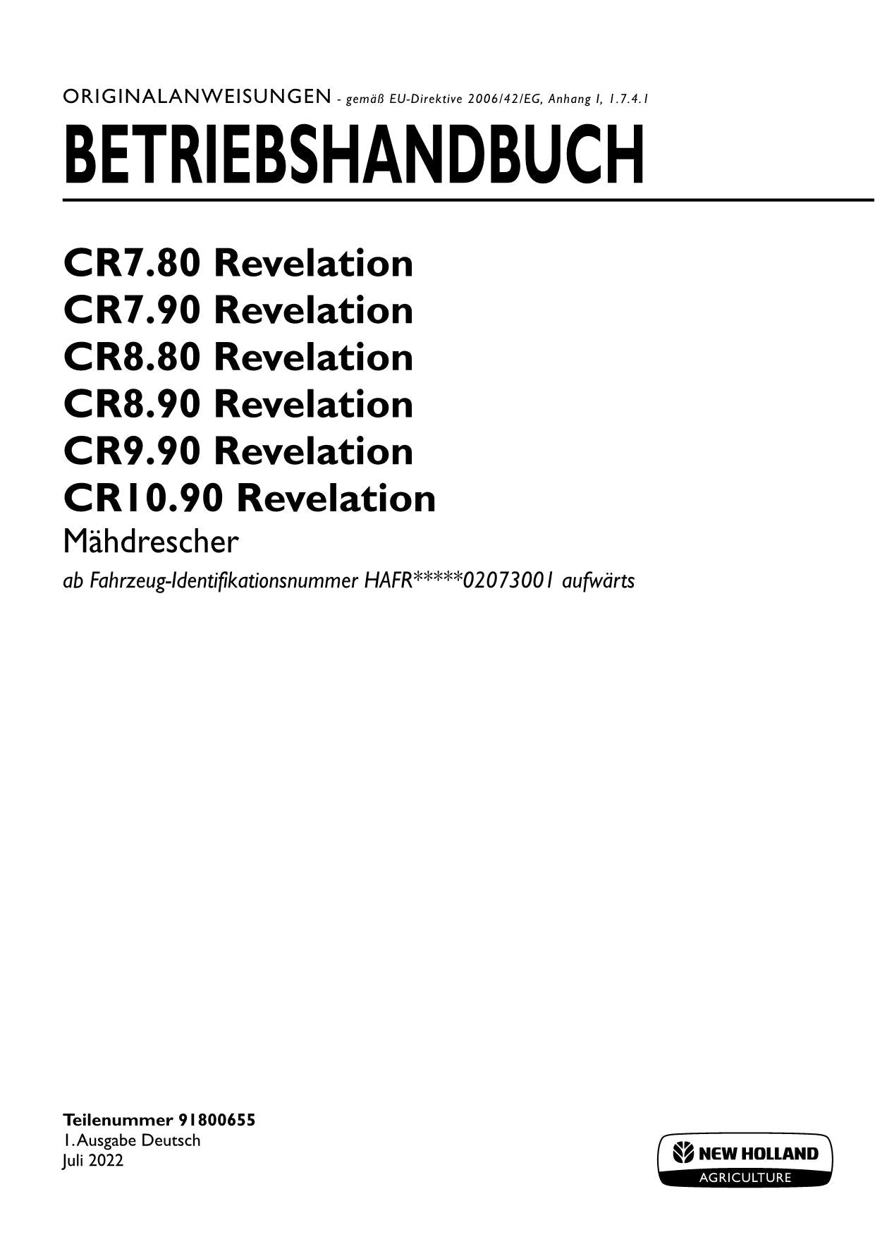 New Holland CR10 90 CR7 80 Revelation Manuel d'instructions 91800655