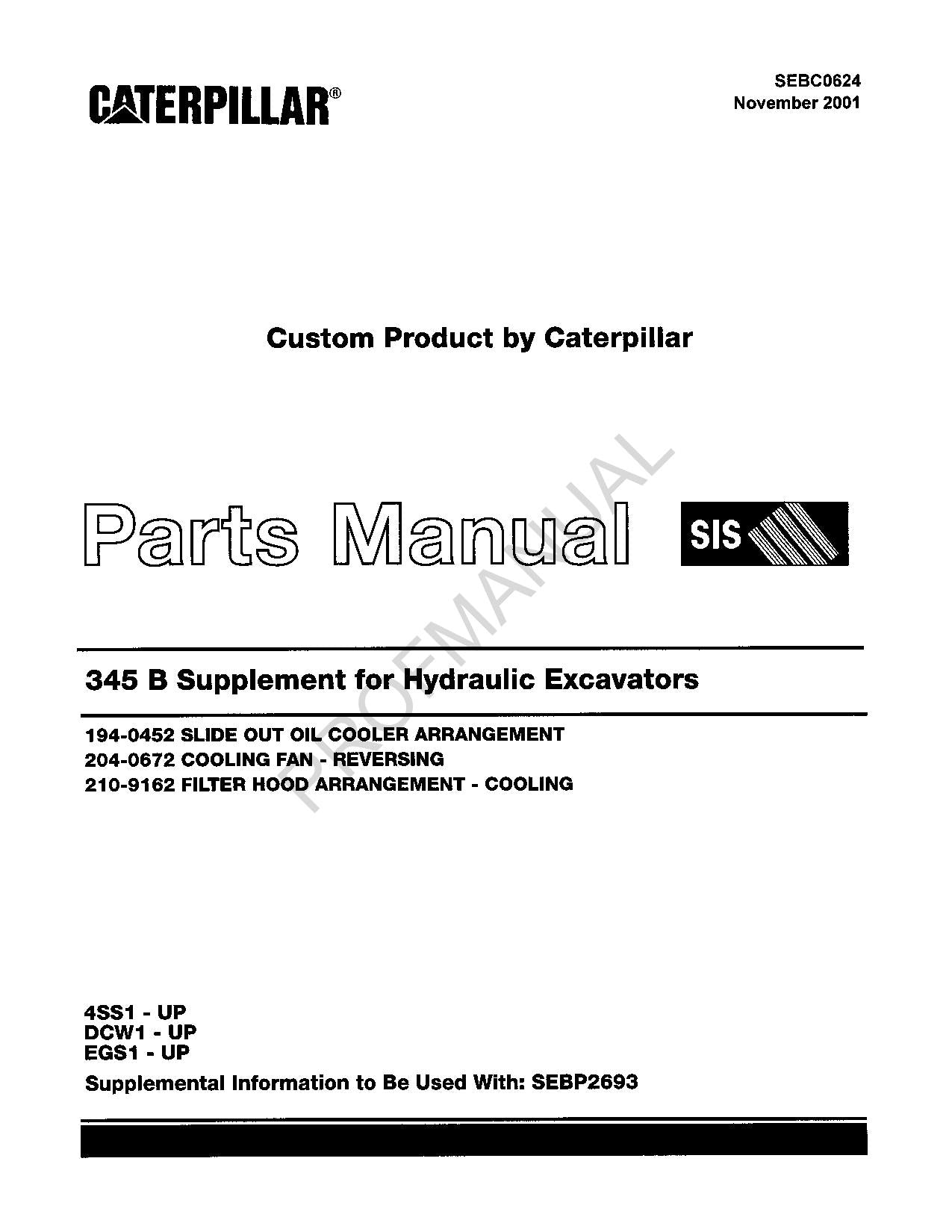 Manuel du catalogue de pièces détachées pour pelle hydraulique Caterpillar Cat 345 B