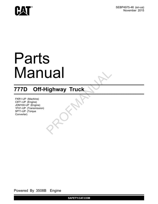 Caterpillar Cat 777D Off Highway Truck Parts Catalog Manual