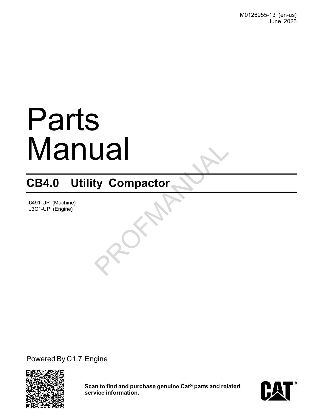 Caterpillar Cat CB4.0 Utility Compactor Parts Catalog Manual M0126955