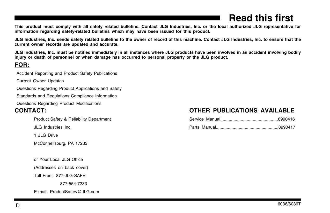 SKYTRAK 6036 Telehandler Maintenance Operation Operators Manual 8990149