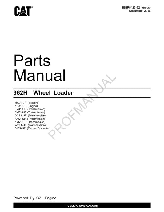 Caterpillar Cat 962H Wheel Loader Parts Catalog Manual SEBP5423