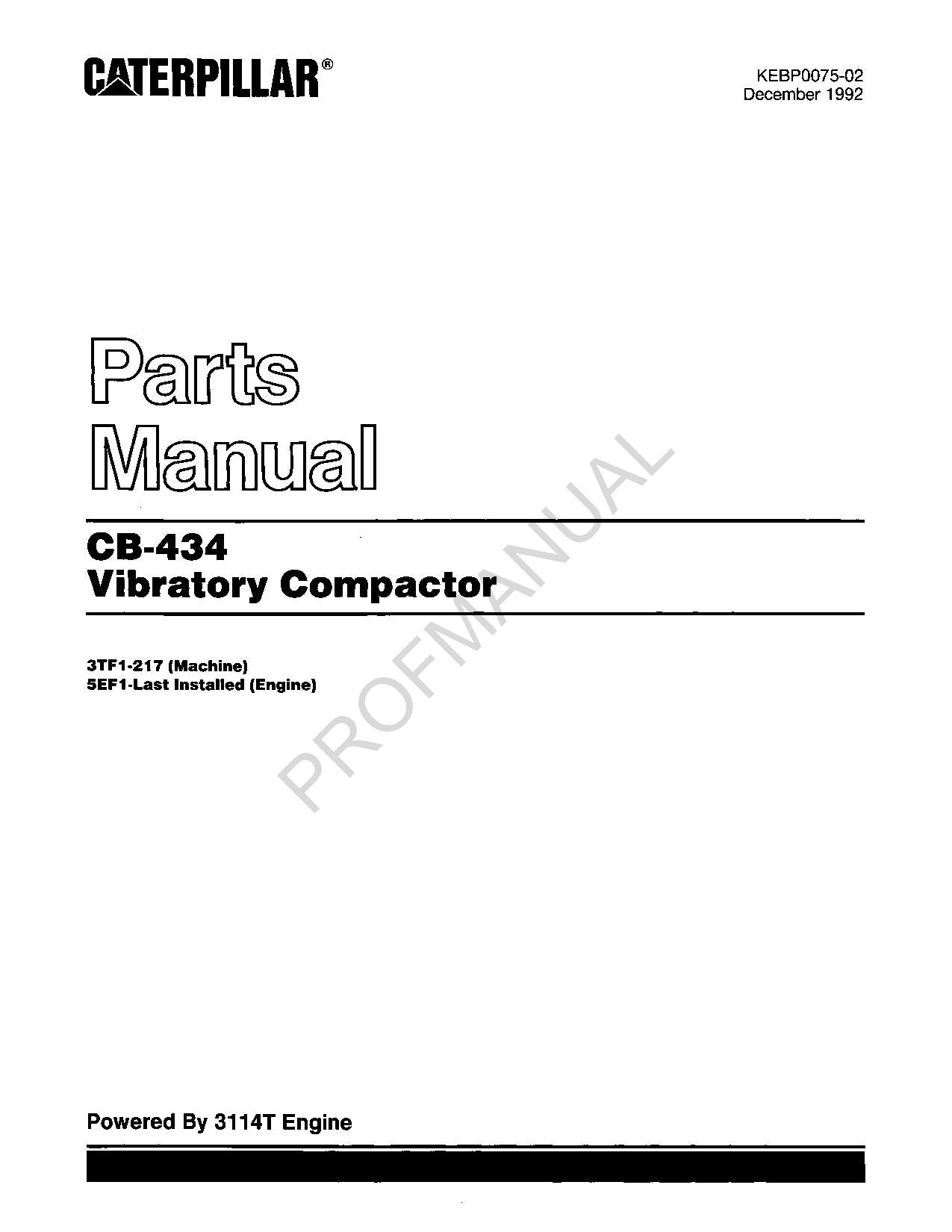 Caterpillar Cat CB 434 Vibratory Compactor Parts Catalog Manual KEBP0075