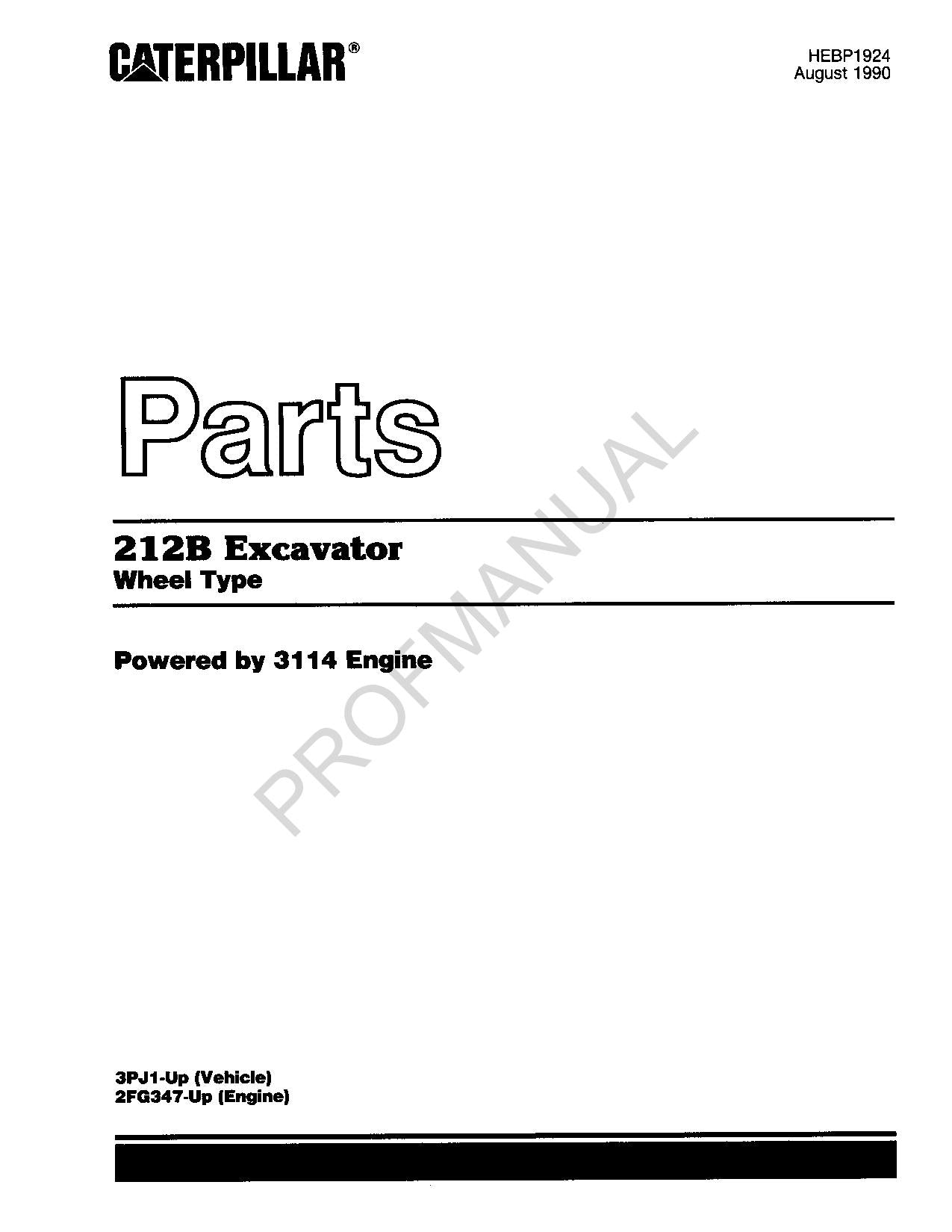 Caterpillar Cat 212B Excavator Wheel Type Parts Catalog Manual