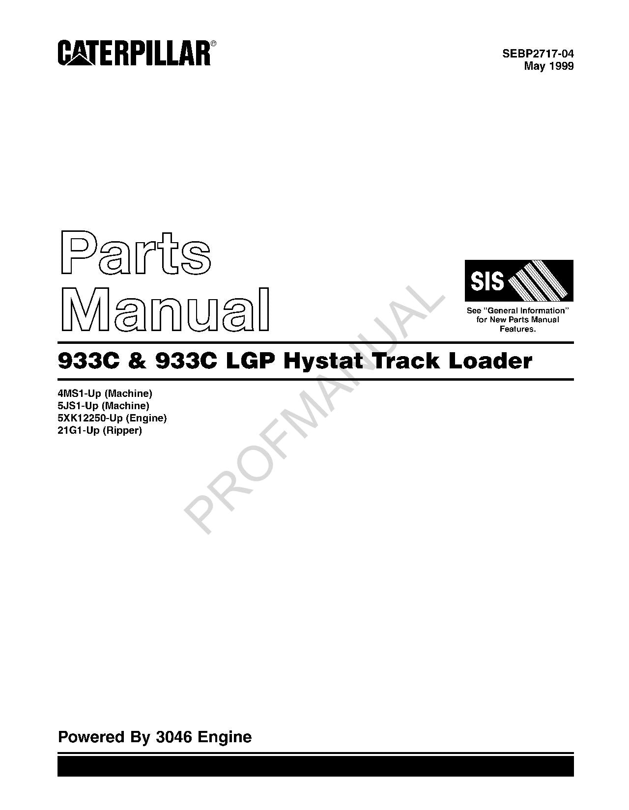 Caterpillar Cat 933C 933C LGP Hystat Track Loader Parts Catalog Manual