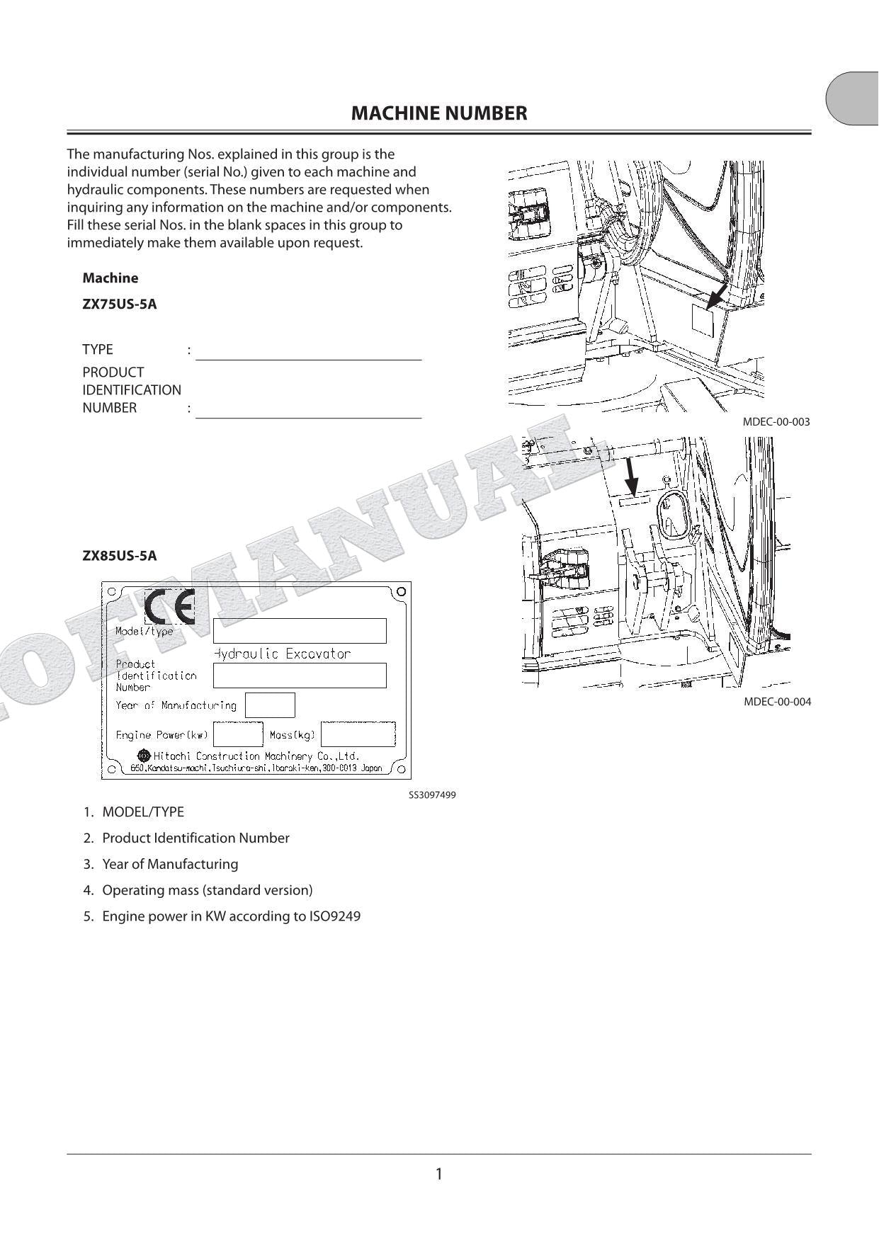 HITACHI ZX75US-5A ZX85US-5A Super Long Front Excavator Parts Catalog Manual