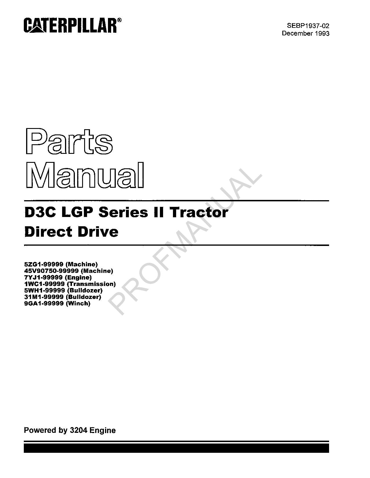 Catalogue de pièces détachées pour tracteurs à entraînement direct Caterpillar D3C LGP série II SEBP1937