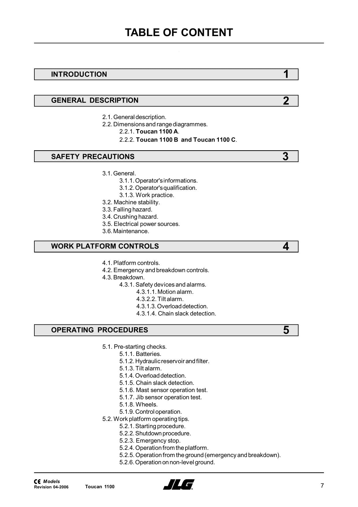 TOUCAN 1100 Vertical Lift Maintenance Operation Operators Manual