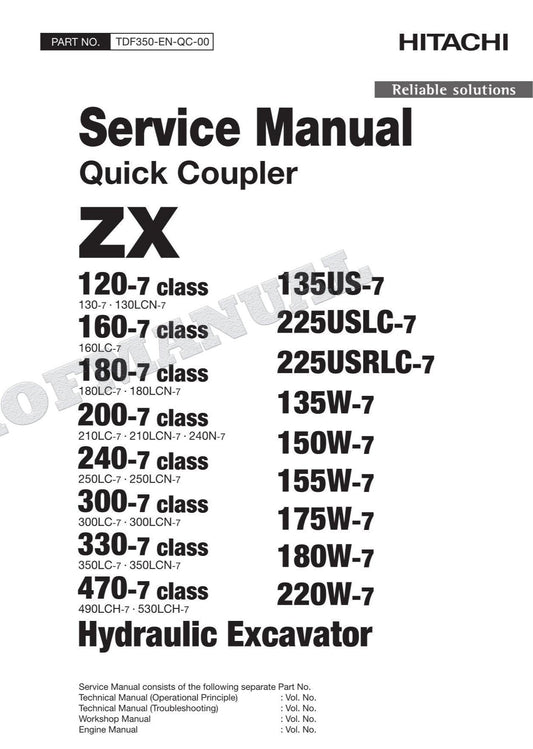 Hitachi Quick Couple 250LC-7 250LCN-7 180LC-7 180LCN-7 Excavator Service manual