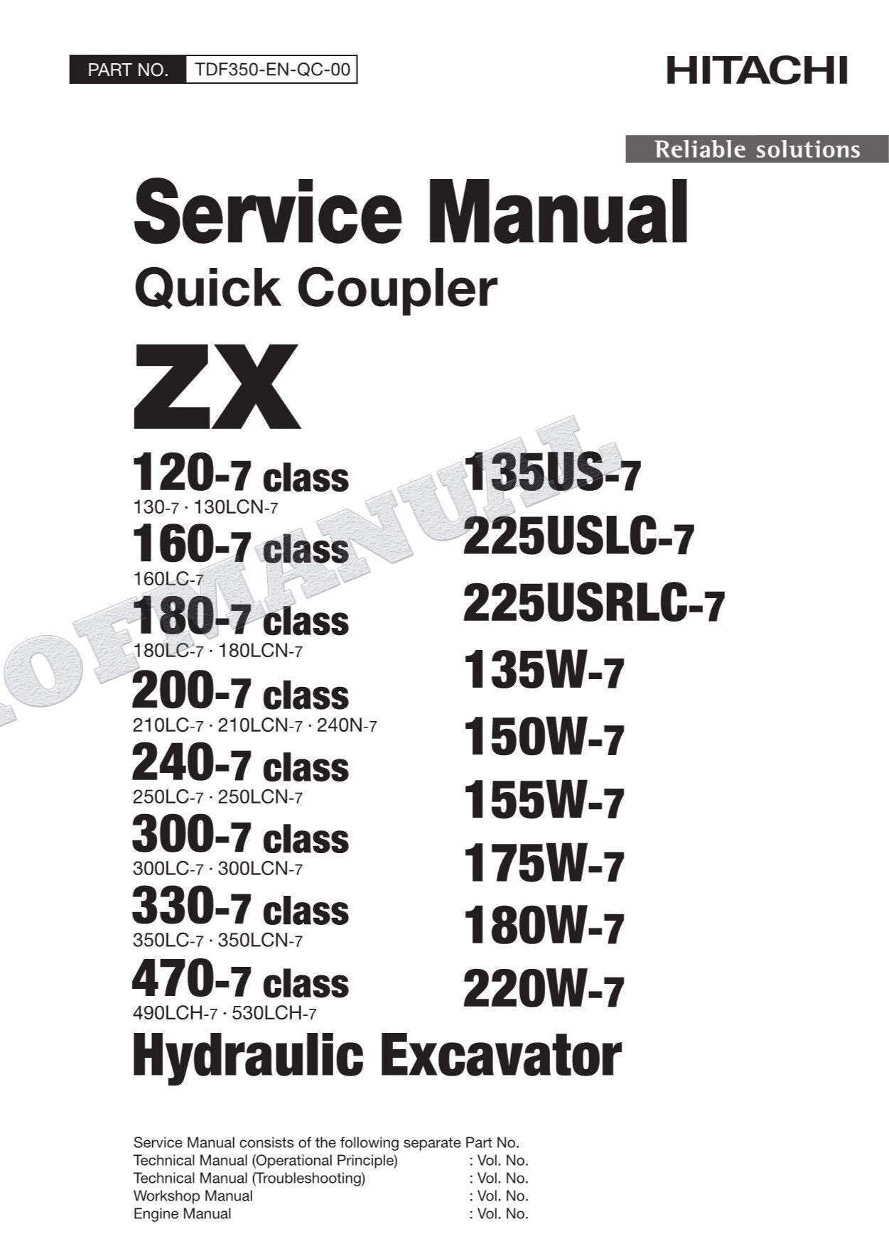 Hitachi Quick Couple 150W-7 300-7 Class 155W-7 180W-7 Excavator Service manual