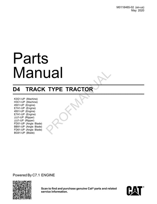 Caterpillar Cat D4 TRACK TYPE TRACTOR Parts Catalog Manual M0116465