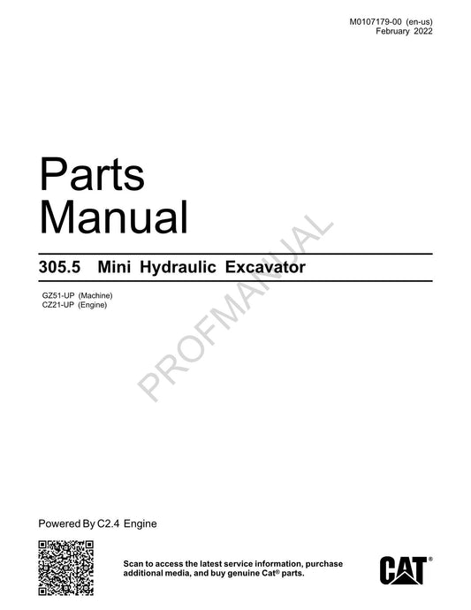 Caterpillar 305.5 Mini Hydraulic Excavator Parts Catalog Manual GZ51-up CZ21-UP