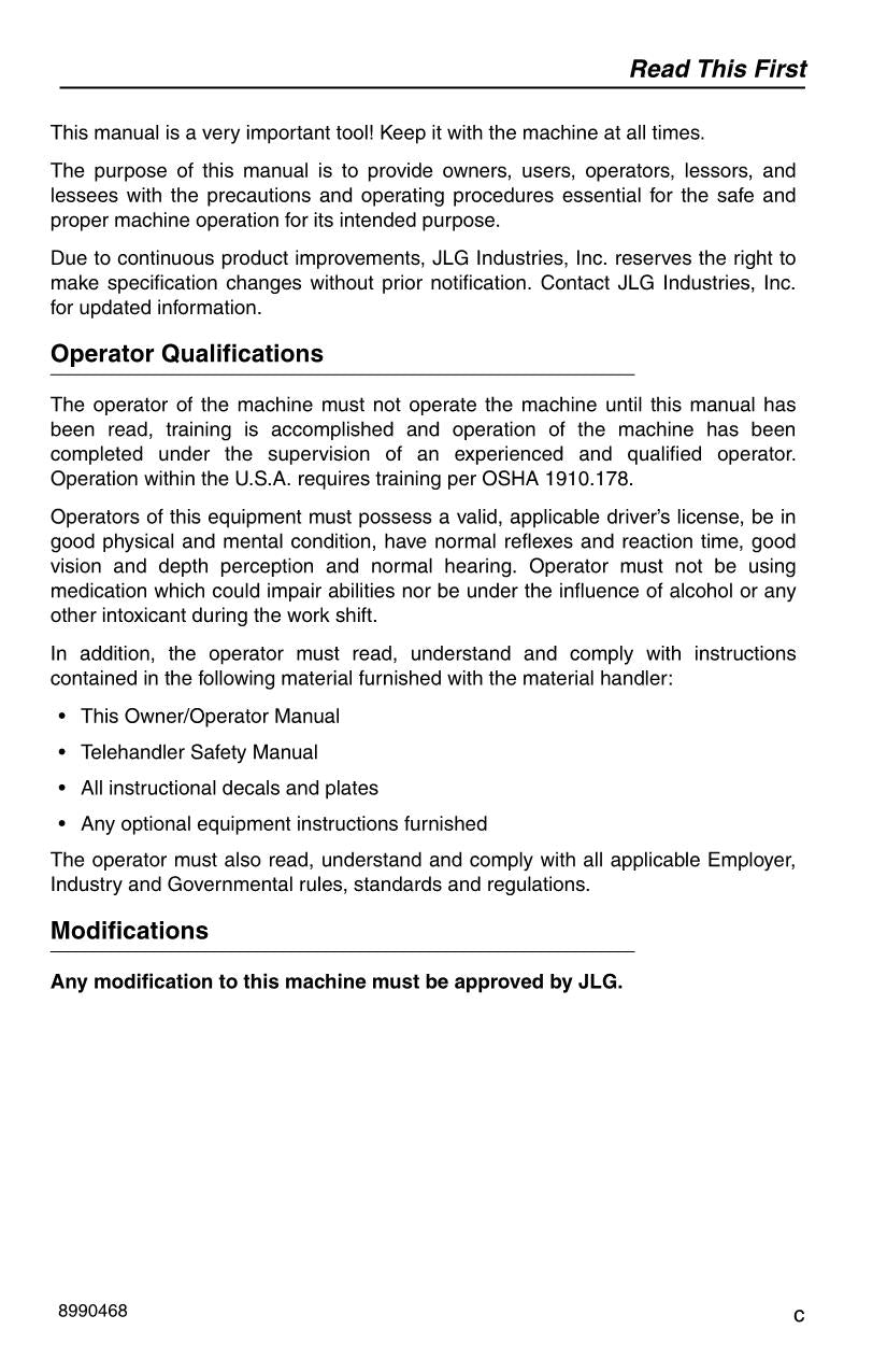 SKYTRAK 6036 Telehandler Maintenance Operation Operators Manual 8990468