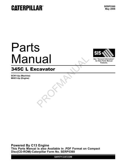 Caterpillar Cat 345C L Excavator Parts Catalog Manual