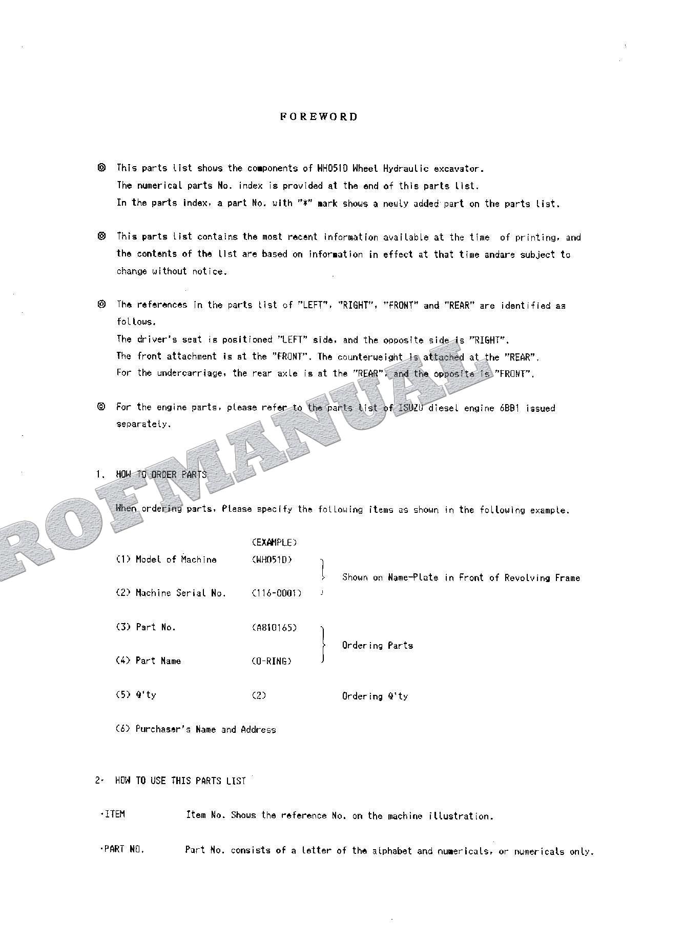 HITACHI WH051D Excavator Parts Catalog Manual SN 0001-