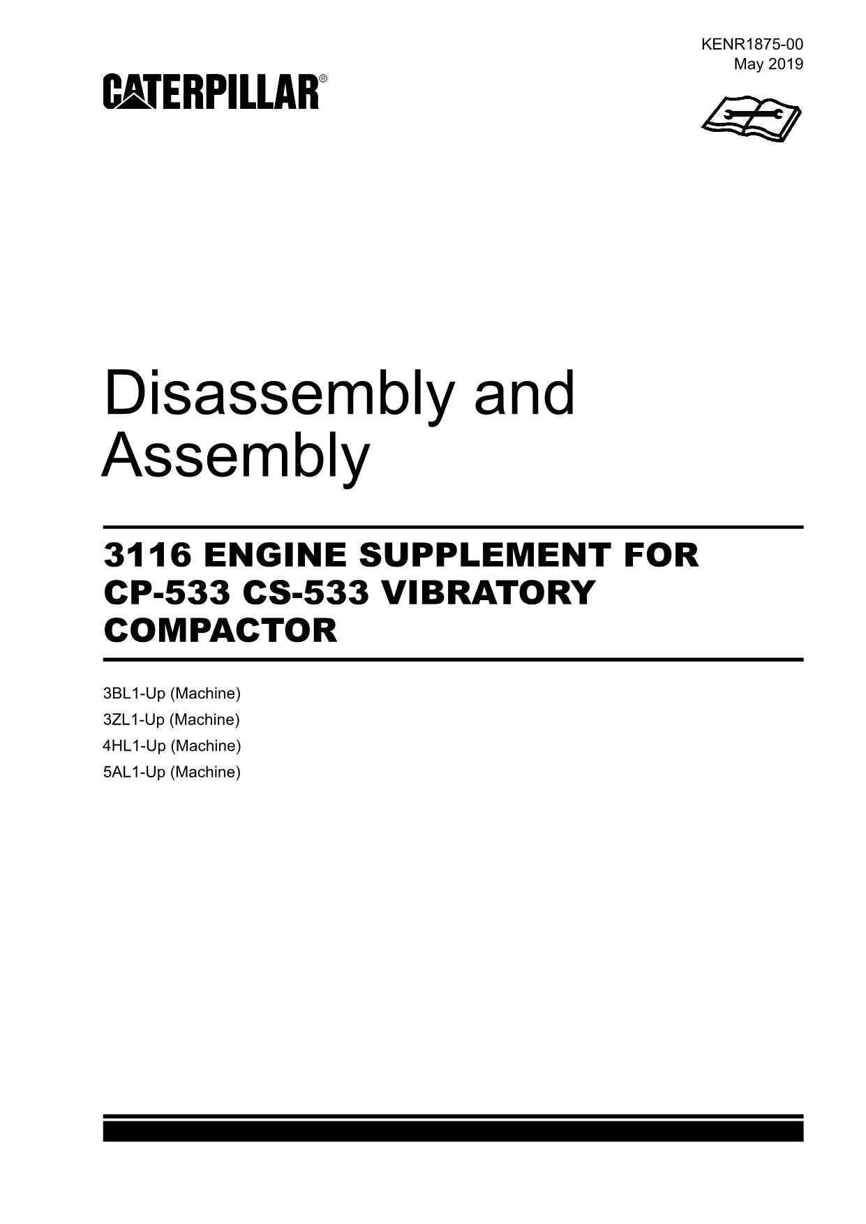 Caterpillar Cat 3116 ENGINE Suppl CS-533 COMPACTOR Disassem Assem Service Manual