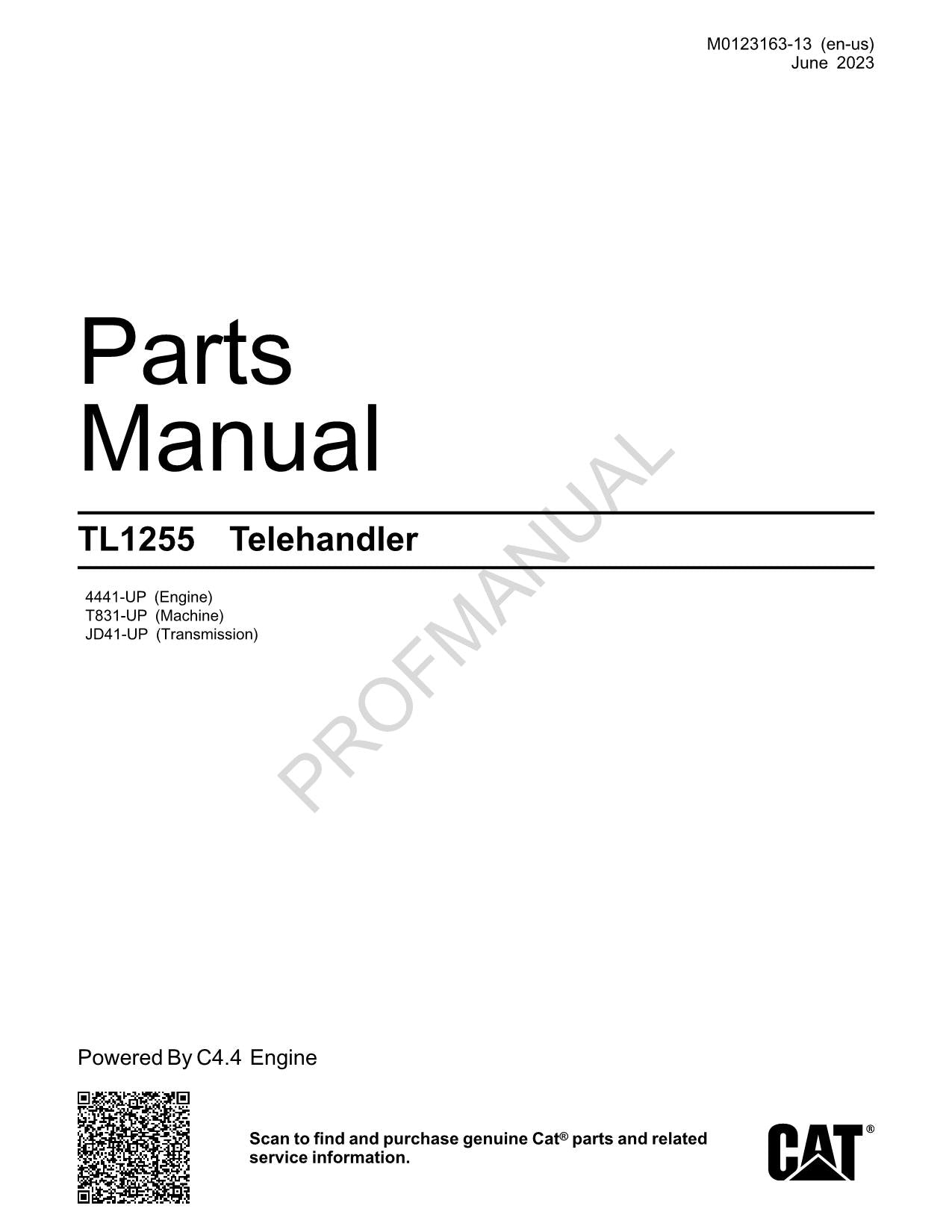 Caterpillar Cat TL1255 Telehandler Parts Catalog Manual M0123163