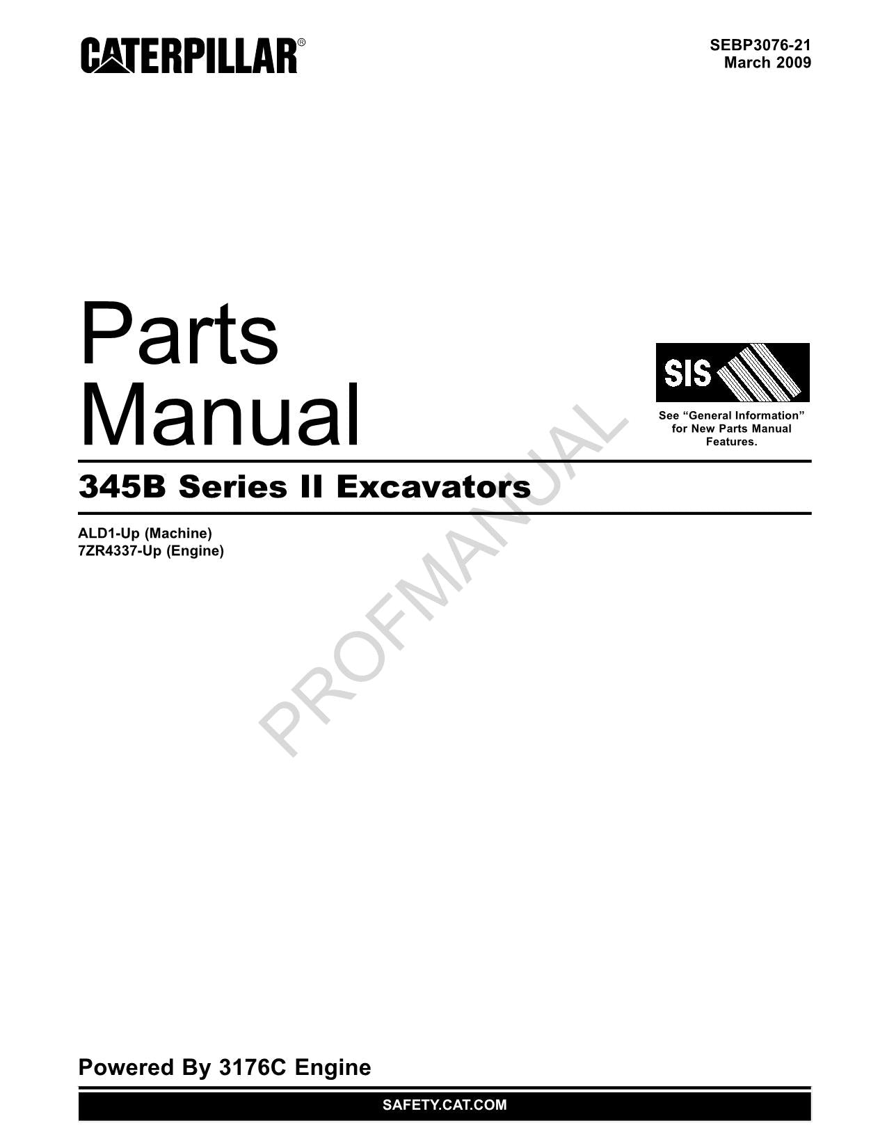 Caterpillar Cat 345B Series II Excavator Parts Catalog Manual ALD1-Up 7ZR4337-Up