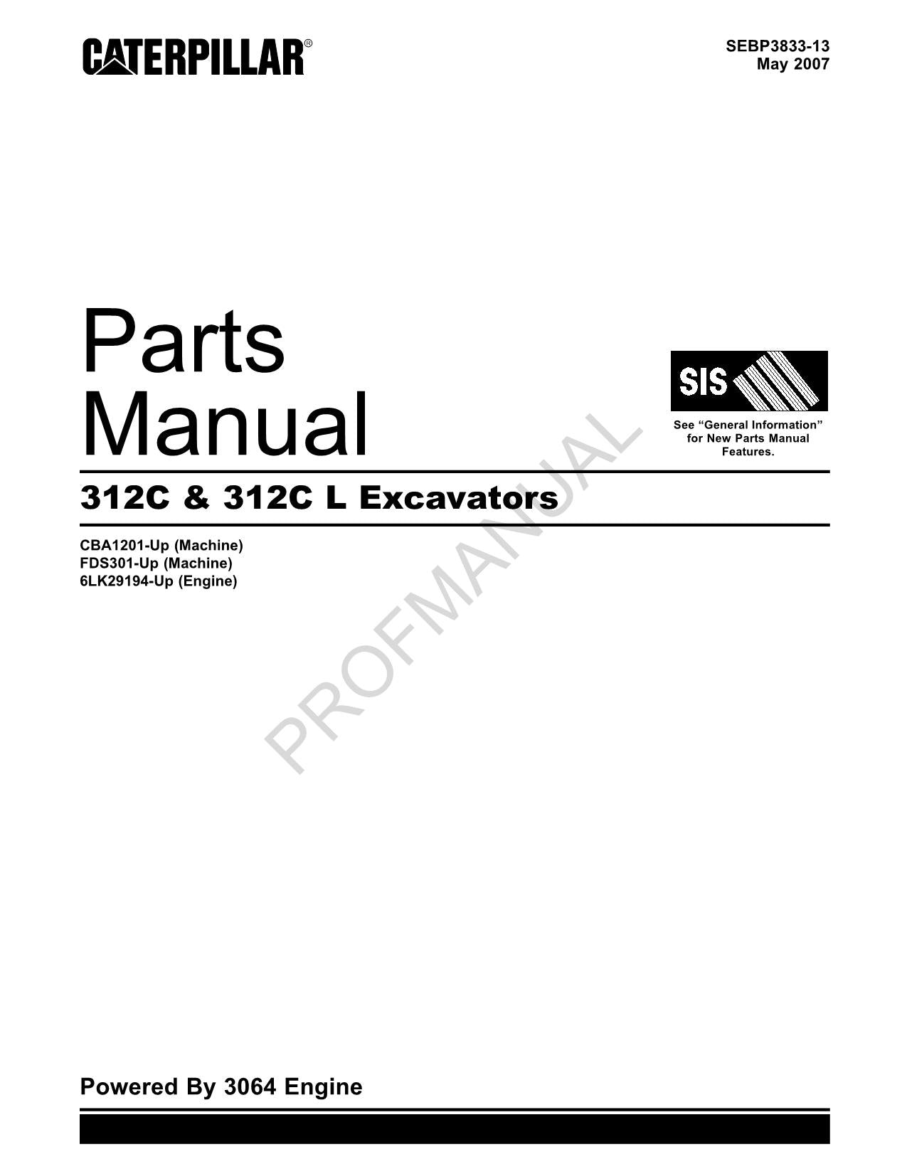 Caterpillar Cat 312C 312C L Excavator Parts Catalog Manual SEBP3833