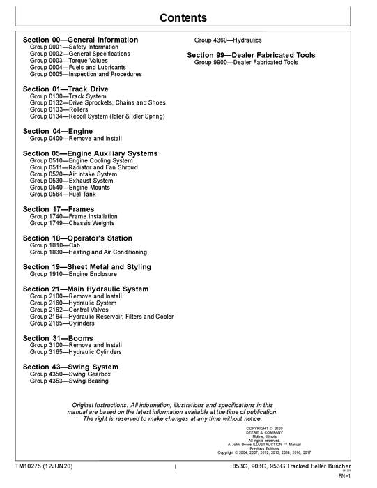 JOHN DEERE 853G 850 903G 900 953G 950 BUNCHER REPAIR TECHNICAL MANUAL TM10275