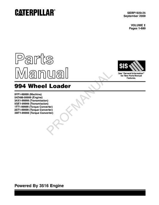 Caterpillar Cat 994 Wheel Loader Parts Catalog Manual SEBP1920