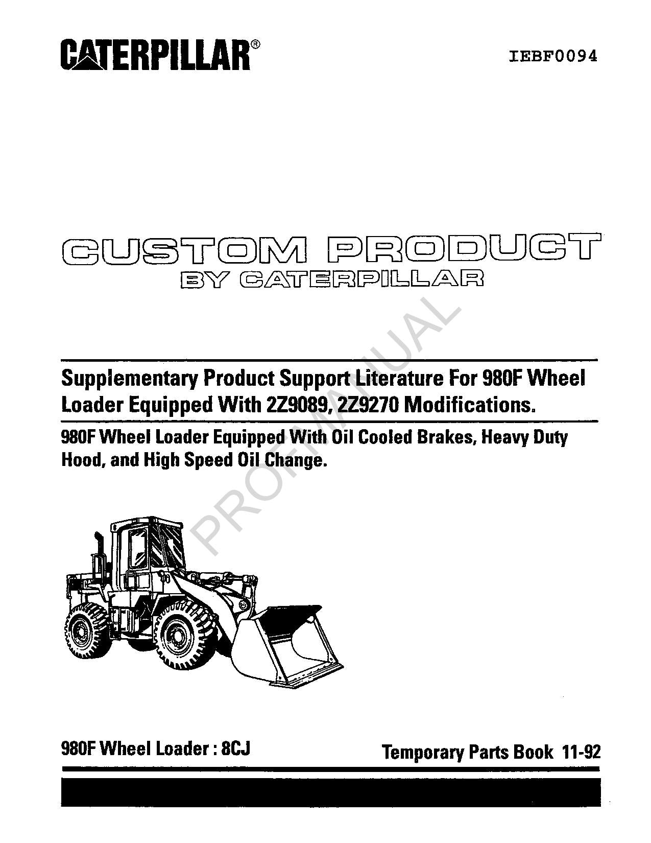 Caterpillar Cat 980F Wheel Loader Supplement Parts Catalog Manual IEBF0094