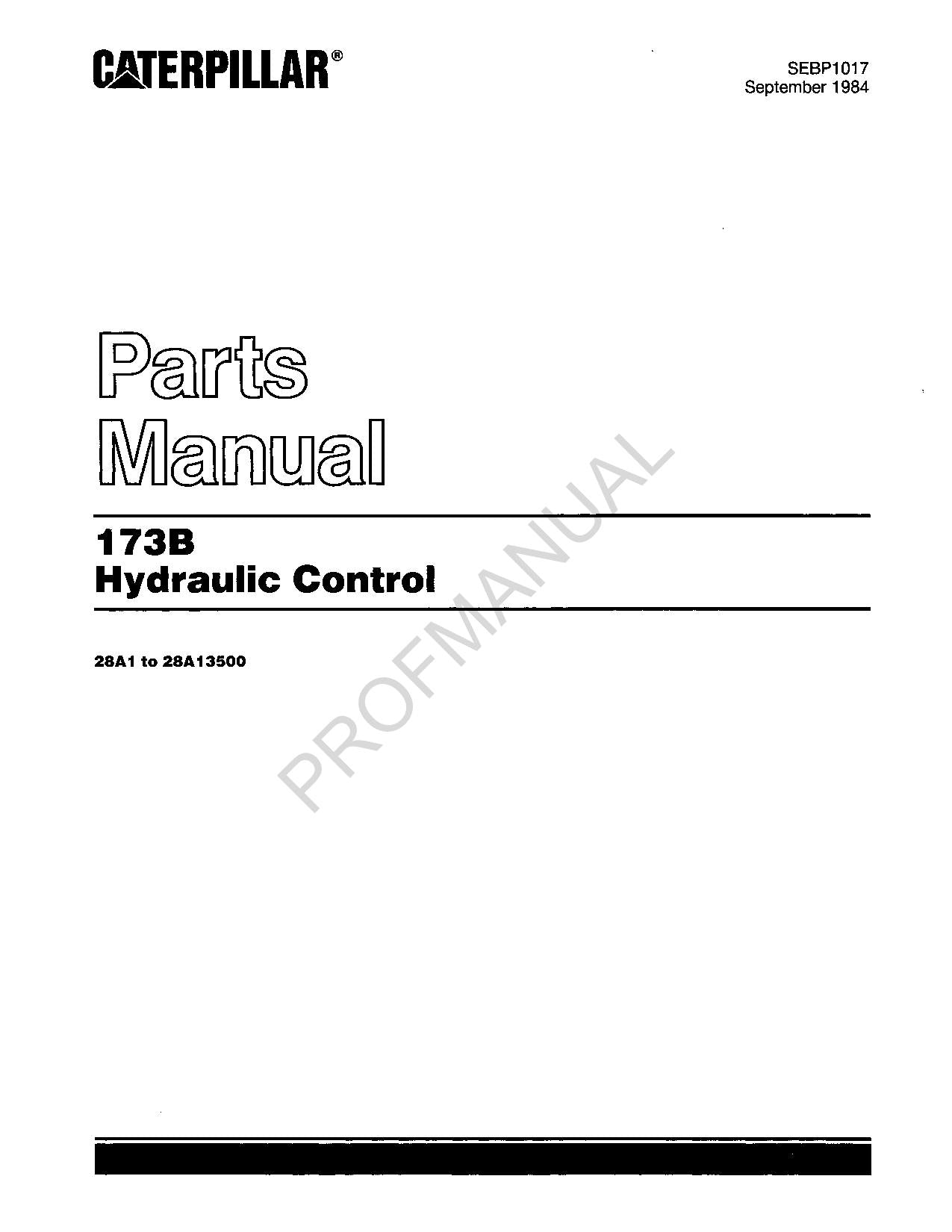 Caterpillar Cat 173B Hydraulic Control Parts Catalog Manual