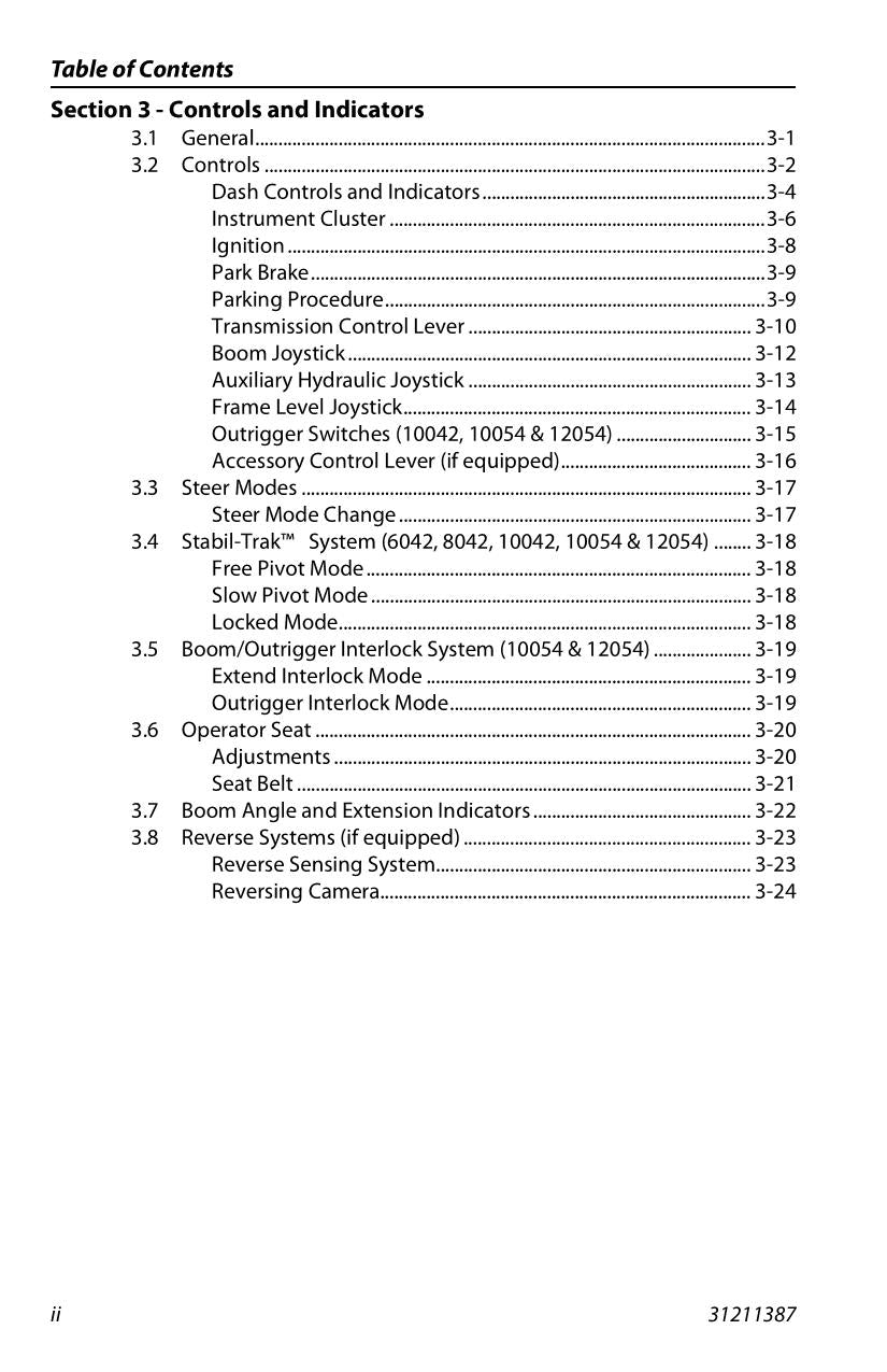 SKYTRAK 10042 10054 12054 6036 6042 8042 Telehandler Operators Manual 31211387