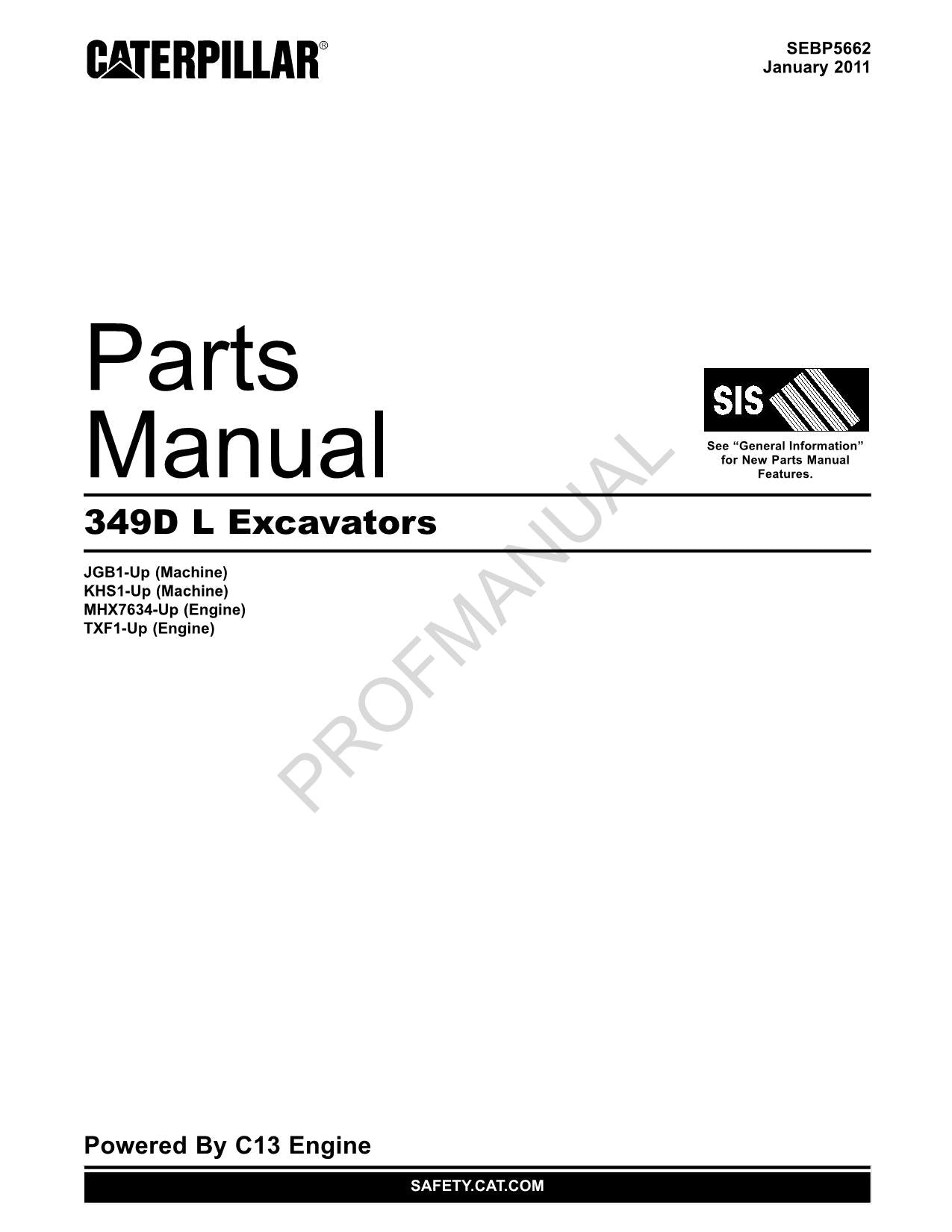 Caterpillar Cat 349D L Excavator Parts Catalog Manual