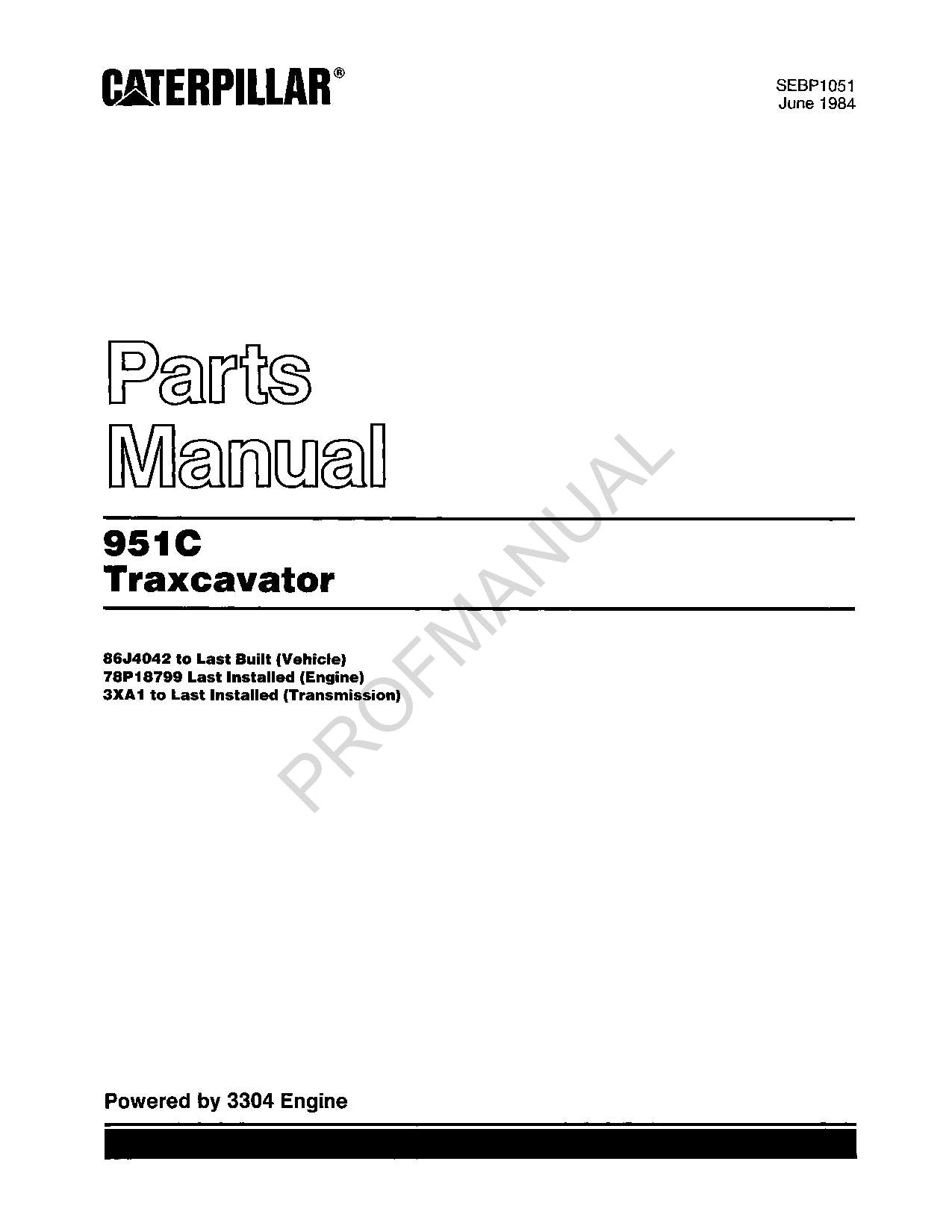 Caterpillar Cat 951C Traxcavator Parts Catalog Manual