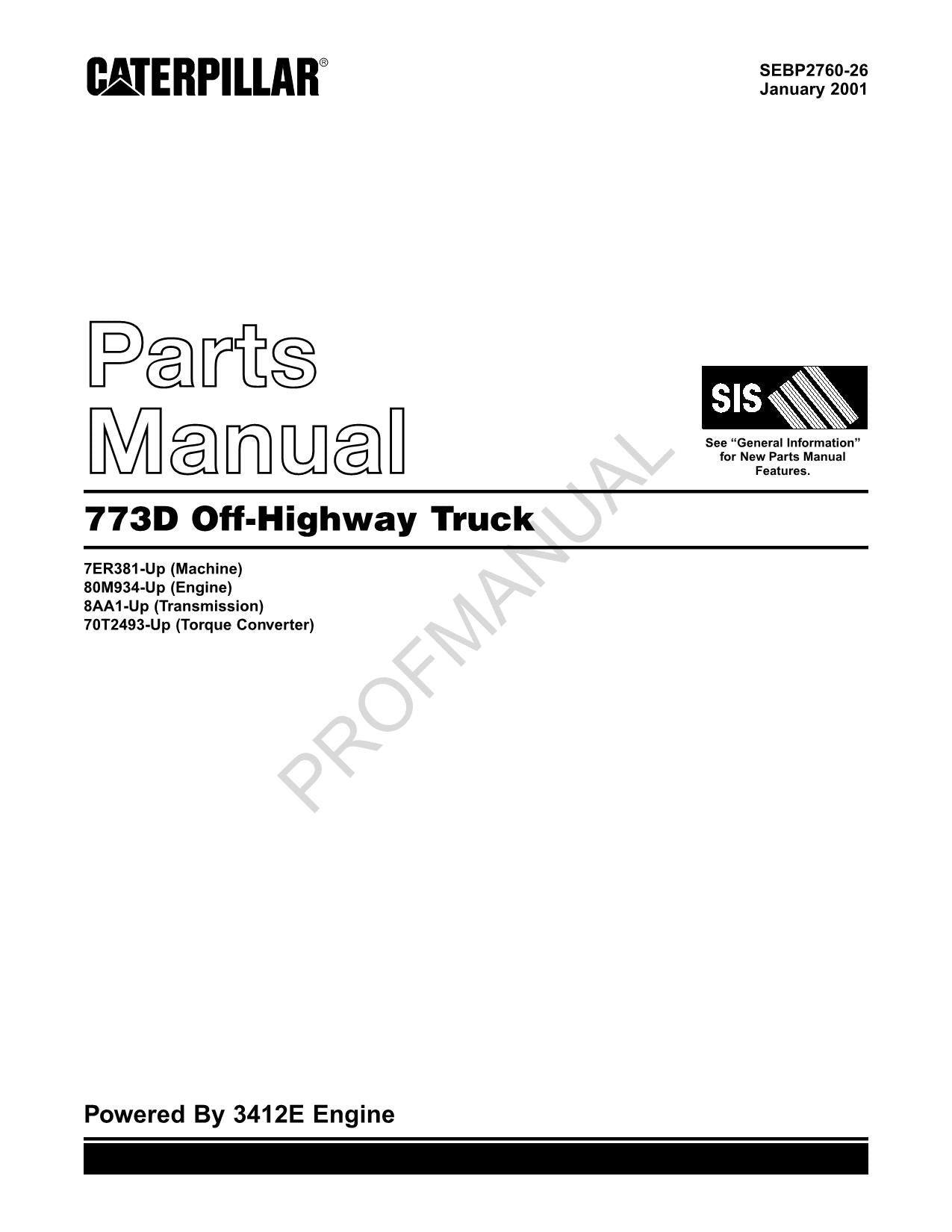 Caterpillar Cat 773D Off Highway Truck Parts Catalog Manual SEBP2760