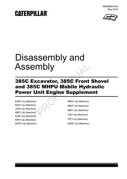 Caterpillar Cat 385C Excavator Engine Supplement Disassembly Assembly Manual