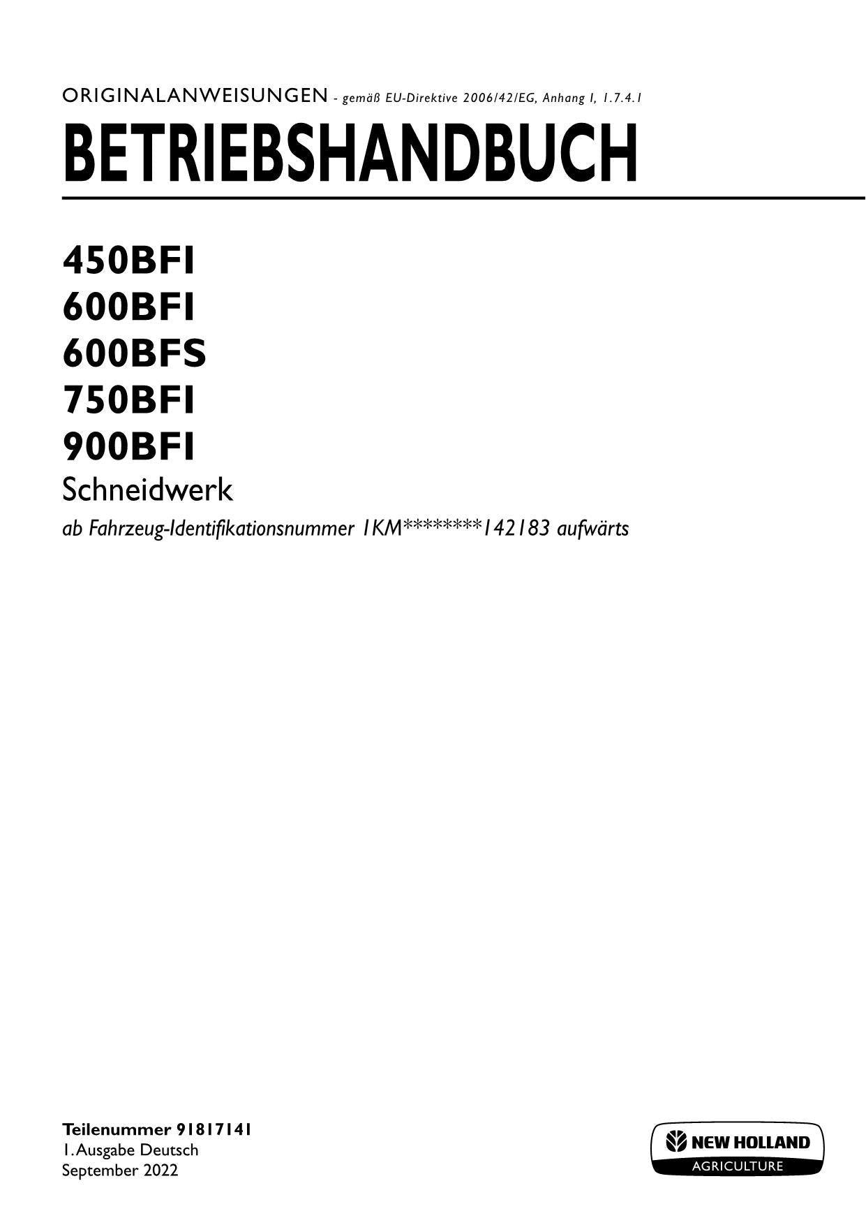 New Holland 450BFI 600BFI 600BFS Schneidwerk Manuel d'instructions 91817141