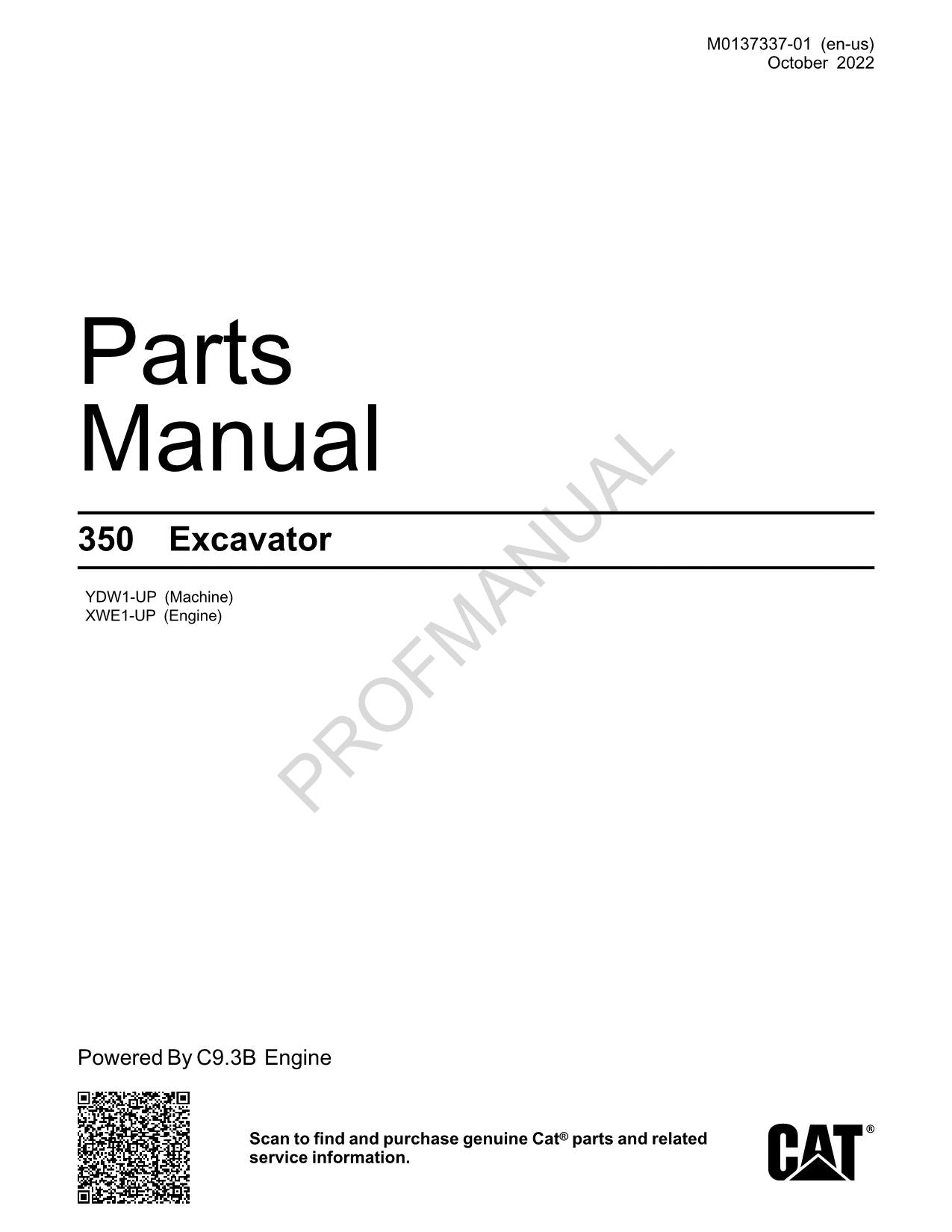 Caterpillar Cat 350 Excavator Parts Catalog Manual ser YDW1-Up XWE1-Up