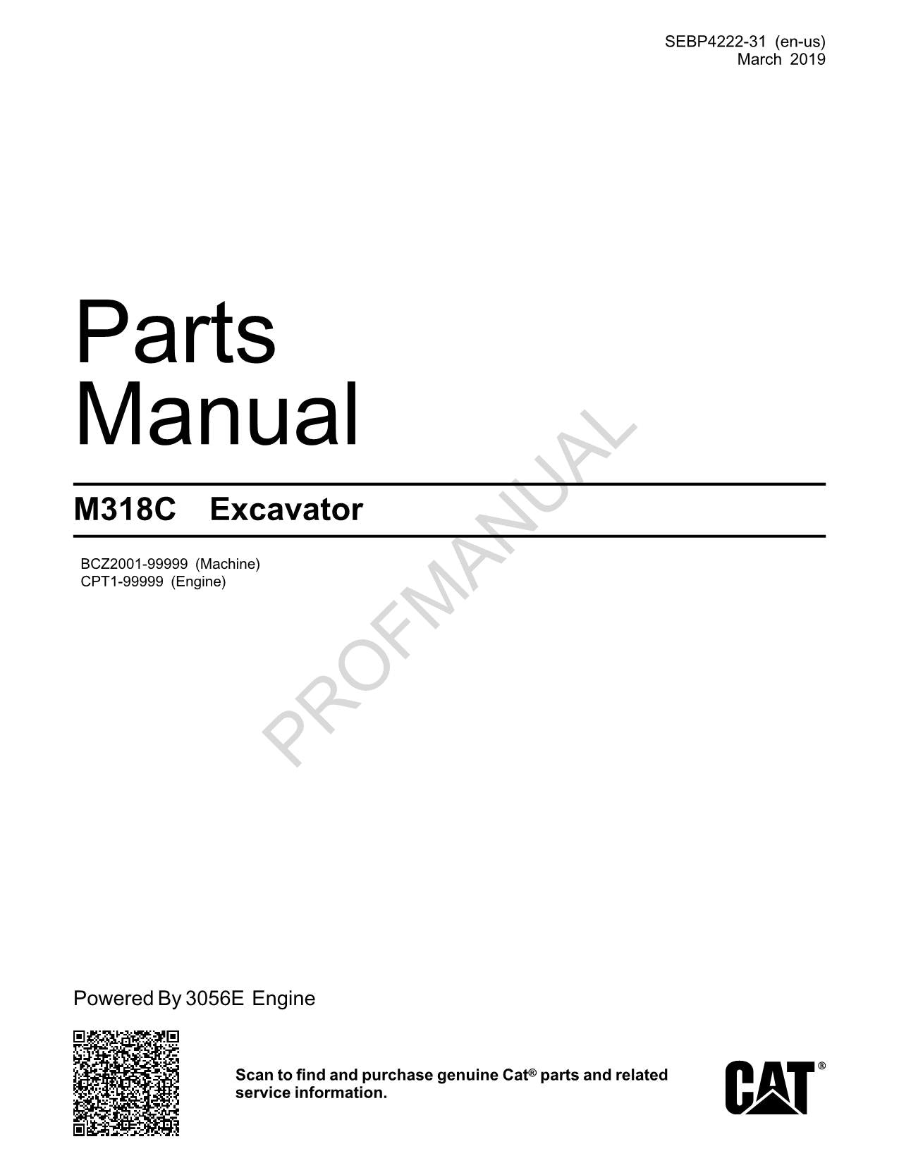 Caterpillar Cat M318C Excavator Parts Catalog Manual ser CPT1-UP BCZ2001-Up